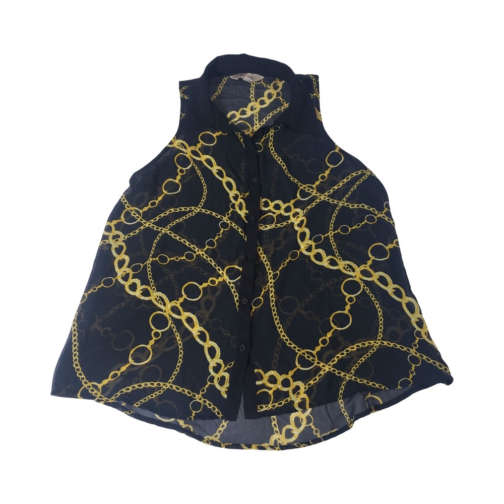Decree Womens Black Gold Chain Link Print Sleeveless Sheer Blouse Large